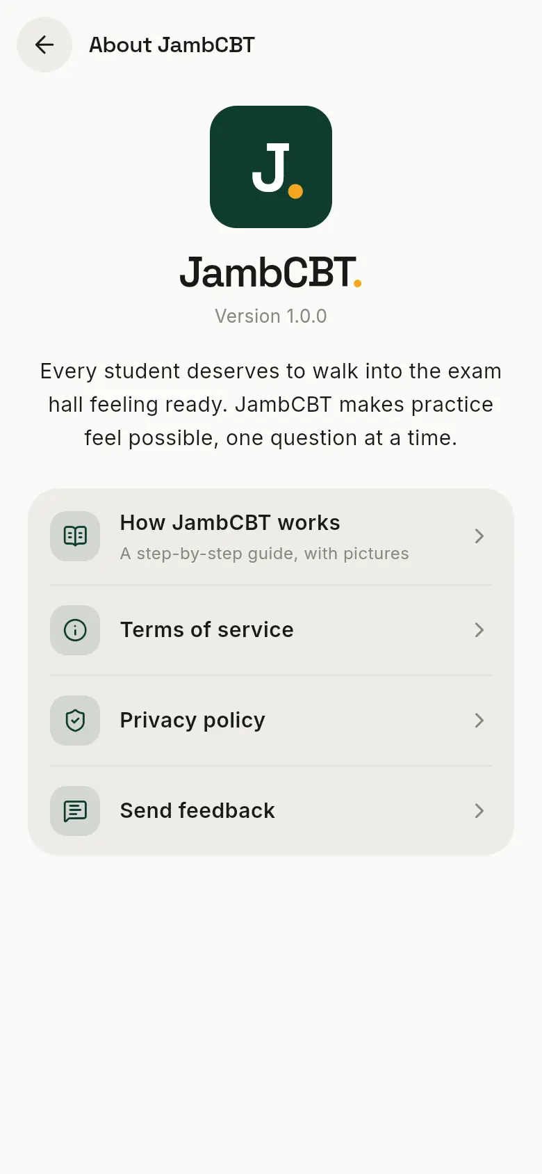 The About JambCBT page: How JambCBT works, Terms of service, Privacy policy and Send feedback.