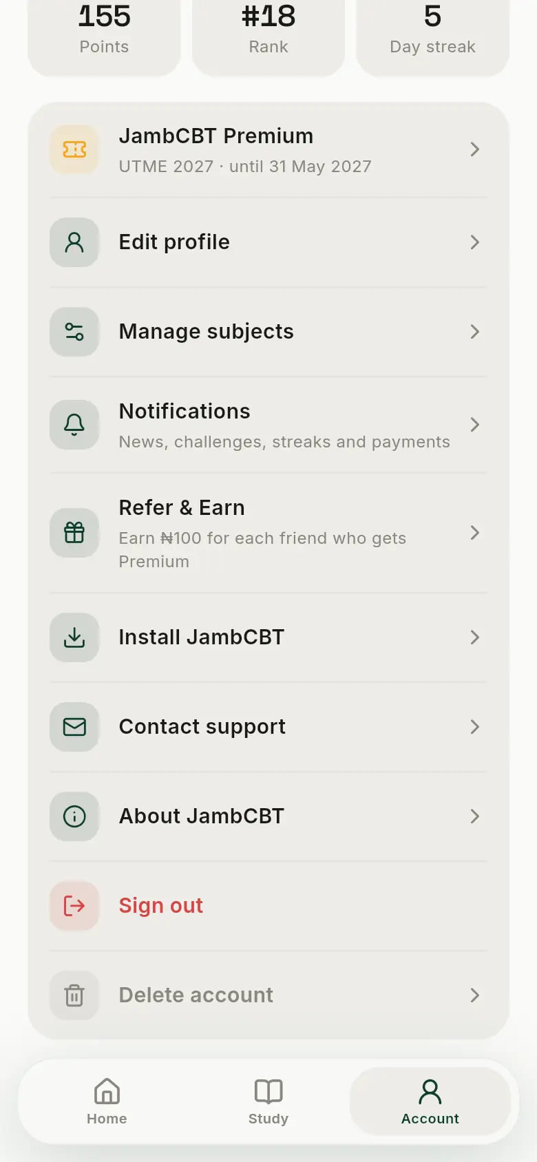The Account page: Premium, edit profile, manage subjects, notifications, refer and earn, install, contact support, about and sign out.