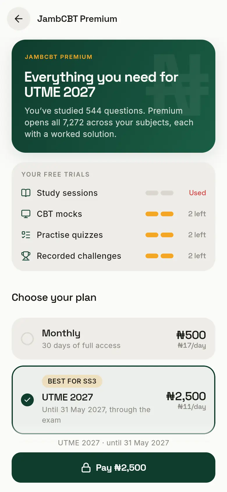 The JambCBT Premium page with free trials left and the Monthly, UTME and Annual plans.