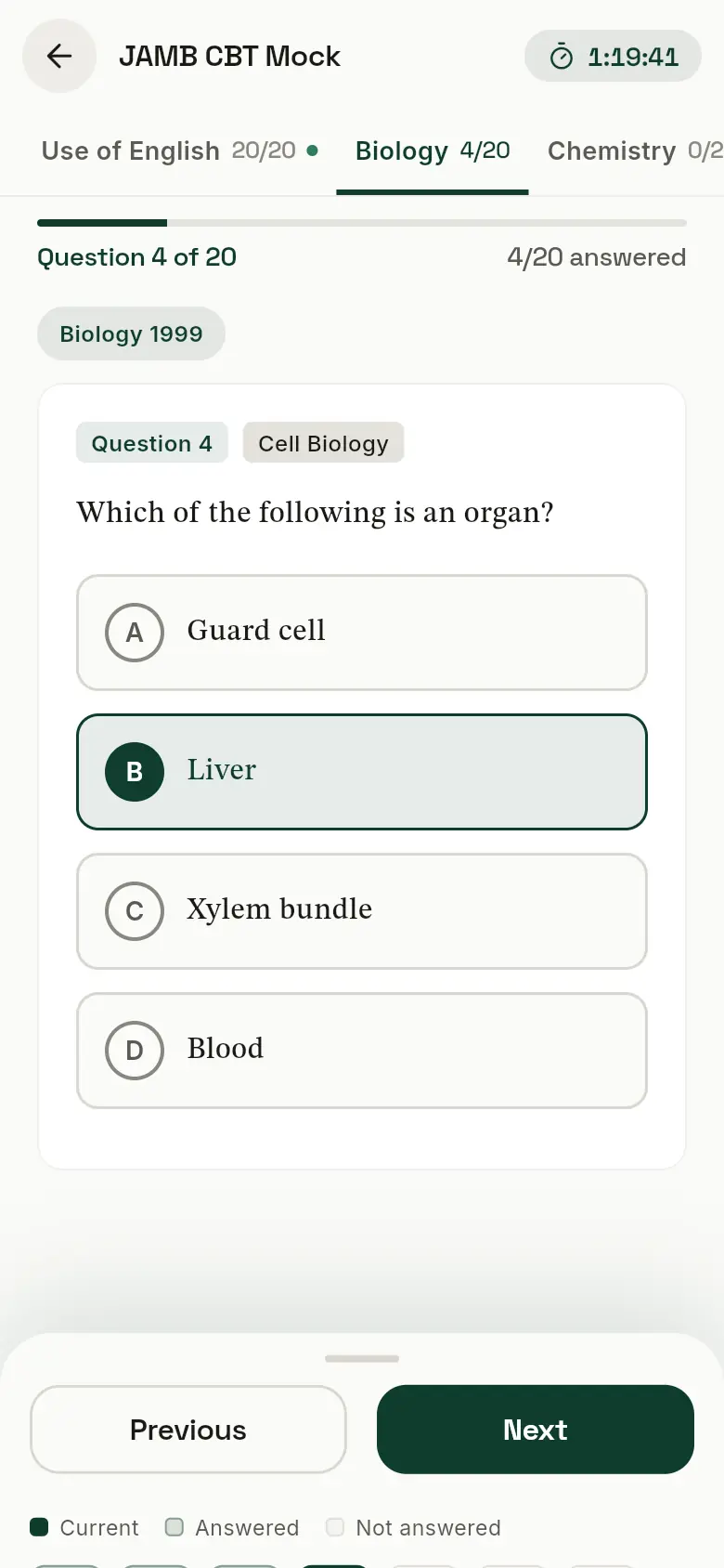 A CBT mock in progress with subject tabs, a timer and an answered question.