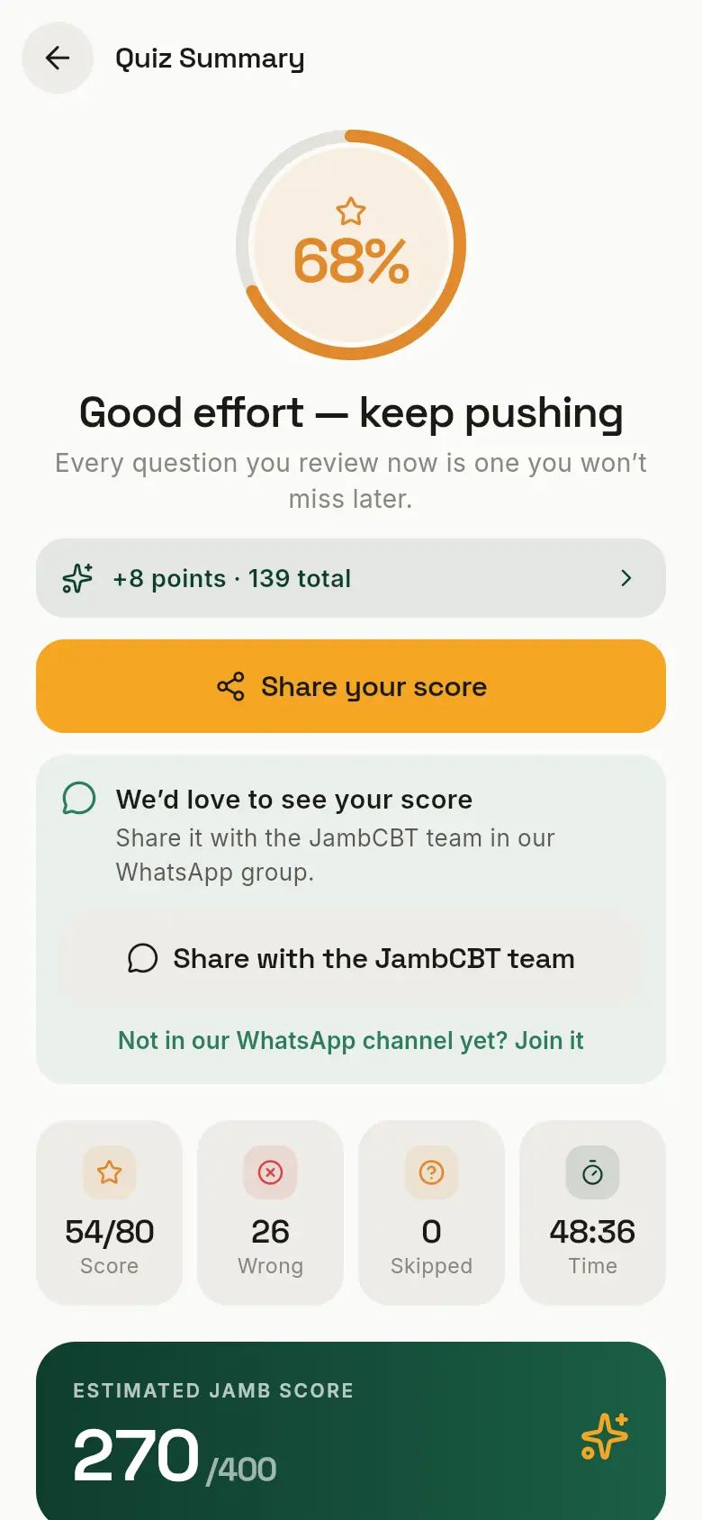 The CBT result: 68 percent, points earned, a Share your score button, a card for sharing the score with the JambCBT team on WhatsApp, the score, and an estimated JAMB score of 270 out of 400.