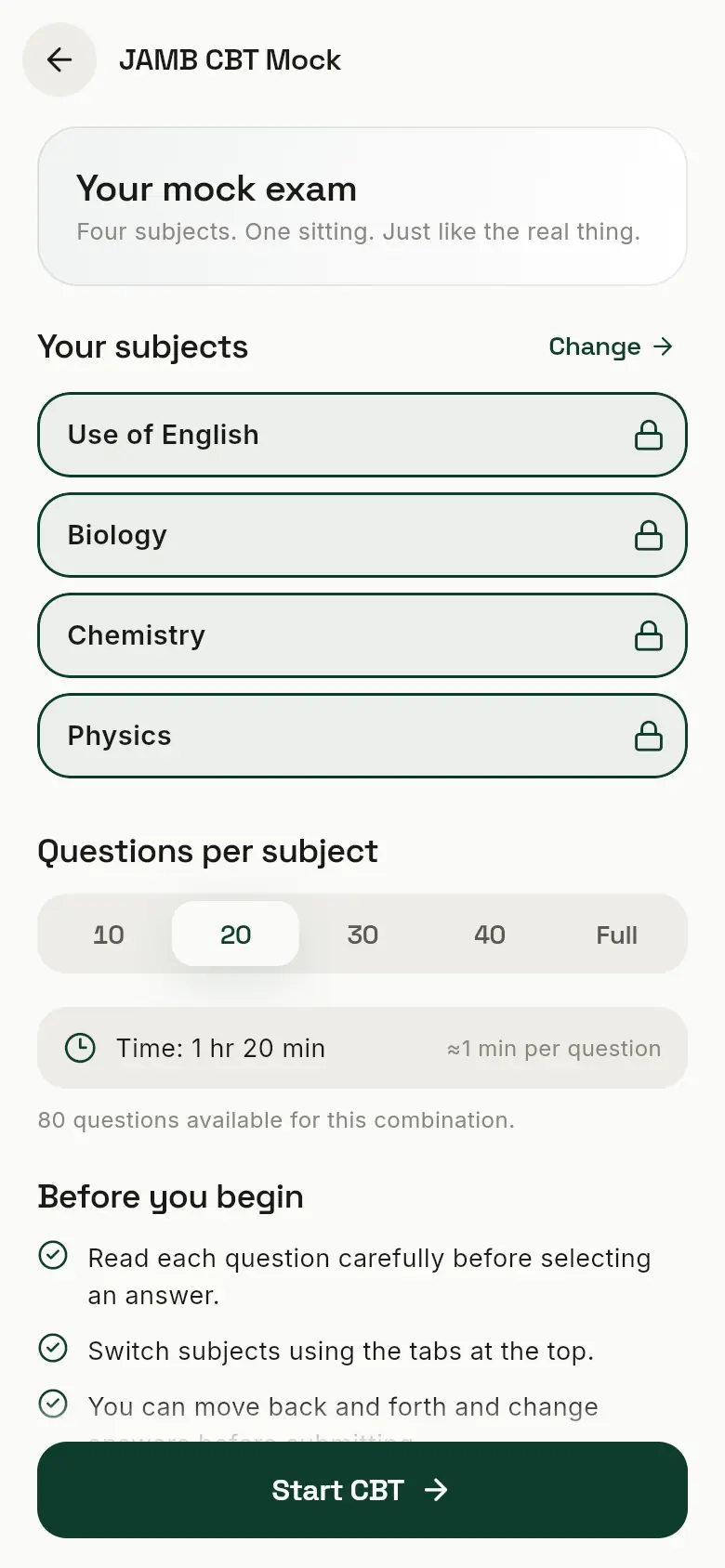 The JAMB CBT Mock setup page with four locked subjects, questions per subject and the time.