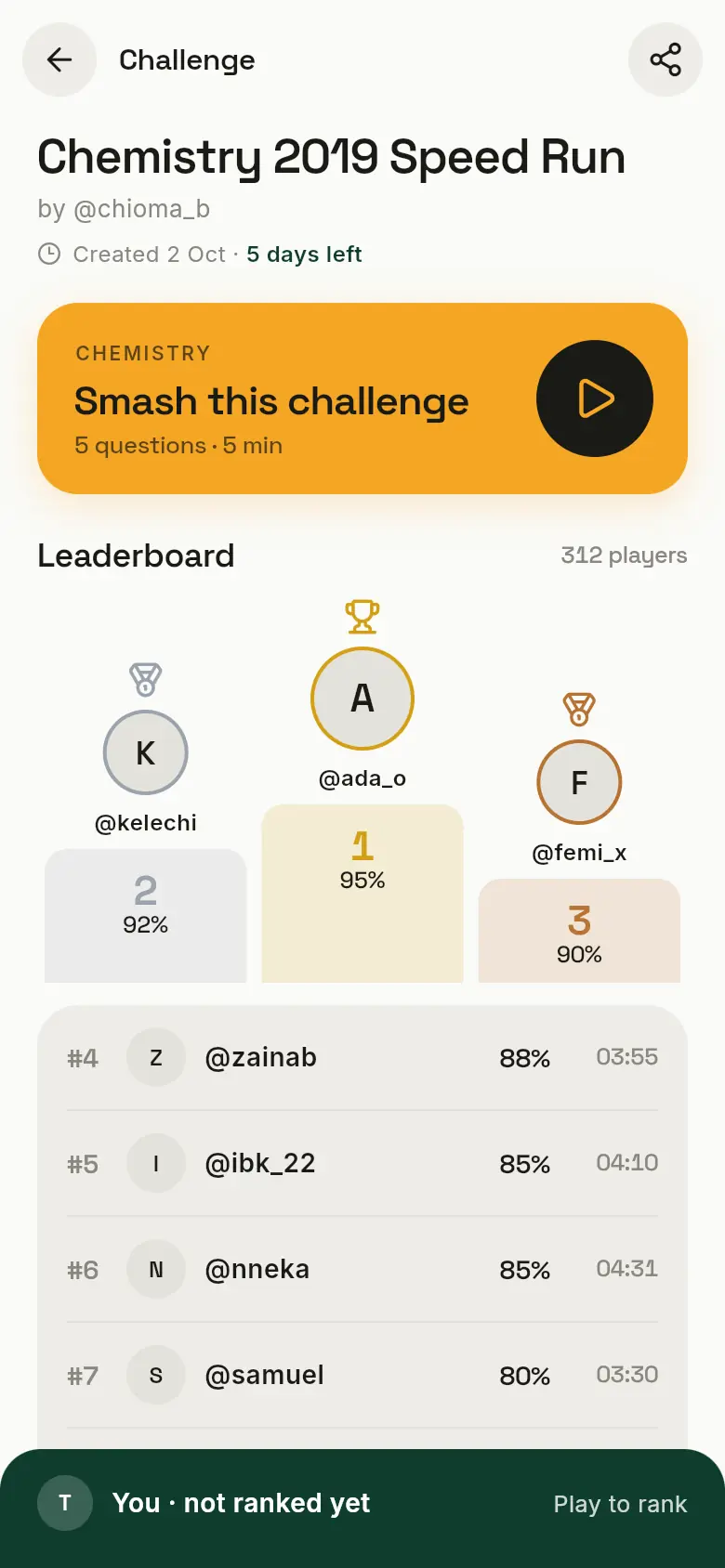 A challenge page with a Smash this challenge button and its leaderboard.
