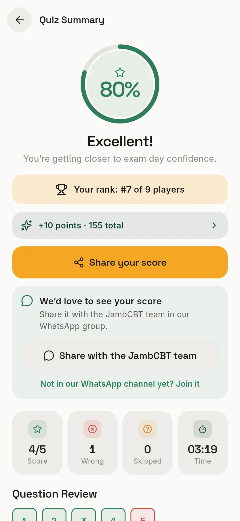 A challenge result: 80 percent, ranked 7th of 9 players, with points earned and a card for sharing the score with the JambCBT team on WhatsApp.