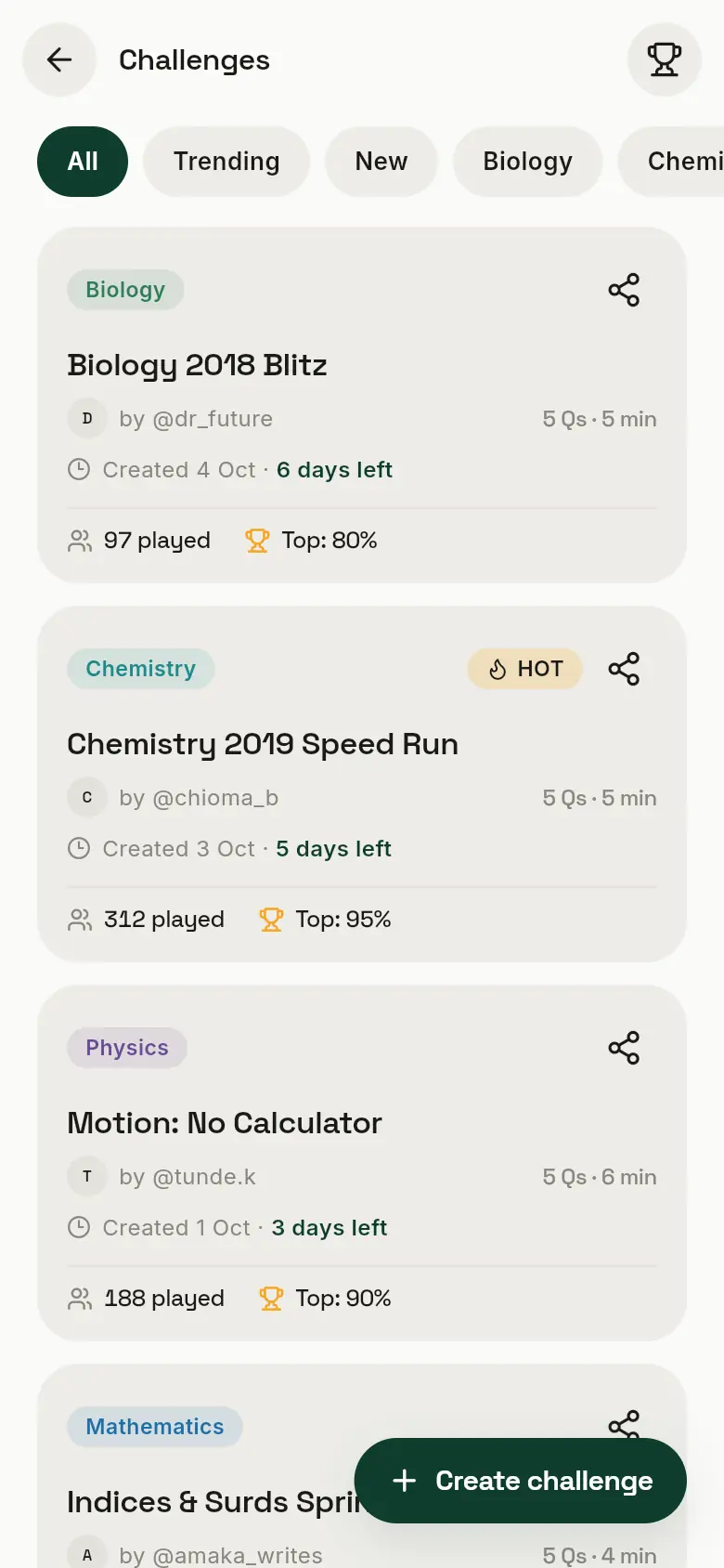 The Challenges list with filter buttons, challenge cards and a Create challenge button.