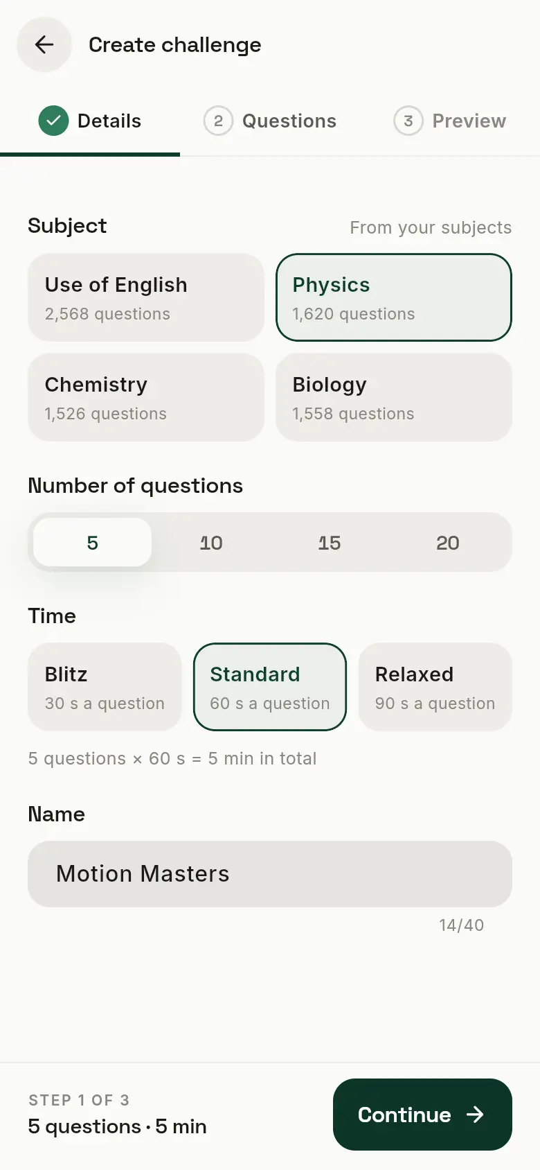 Create challenge step 1: subject, number of questions, time per question and name.