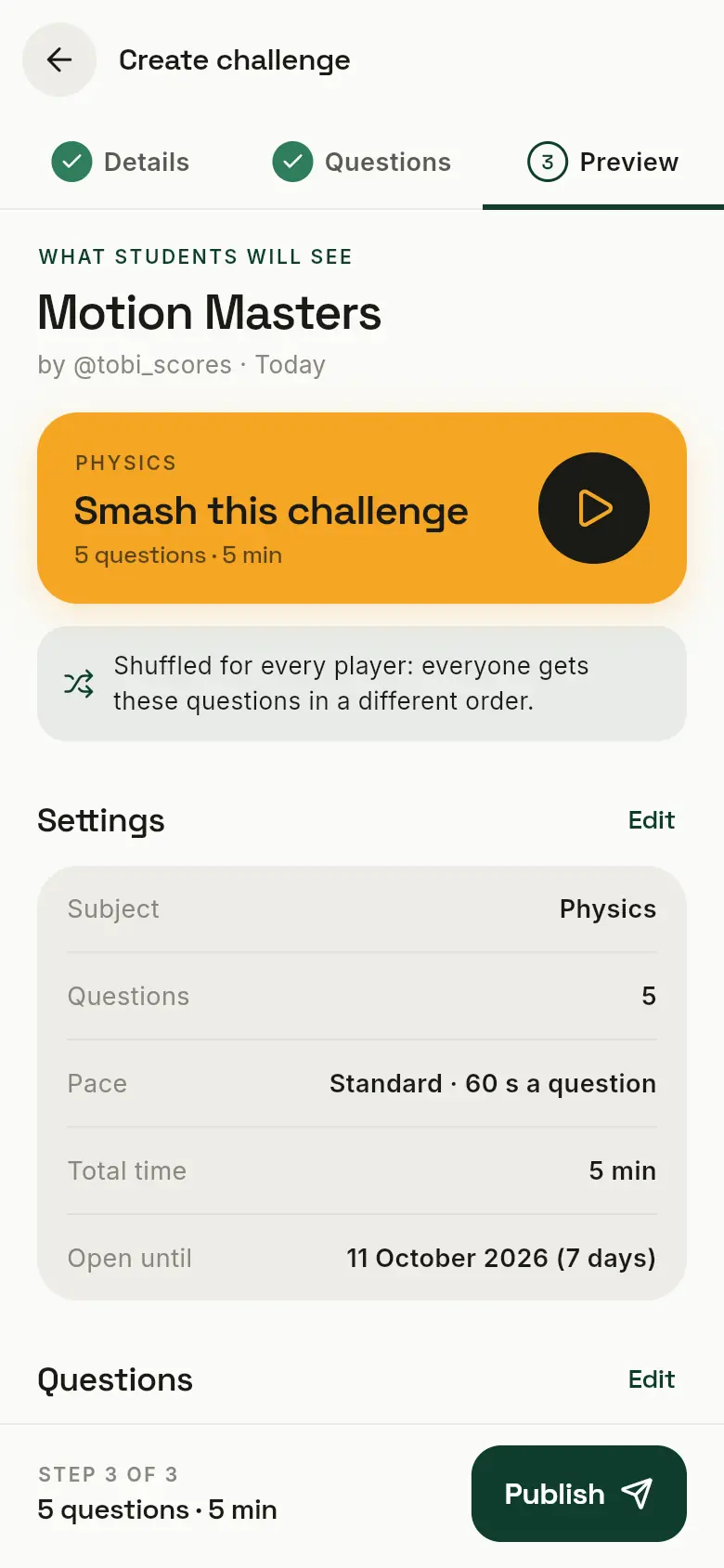 Create challenge step 3: a preview of what students will see, the settings and a Publish button.