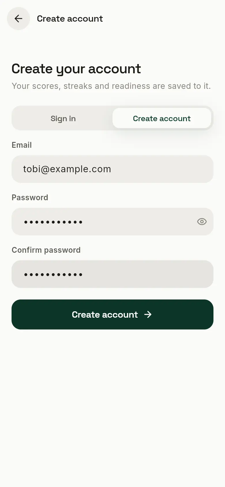 The Create account page with email, password and confirm password fields.
