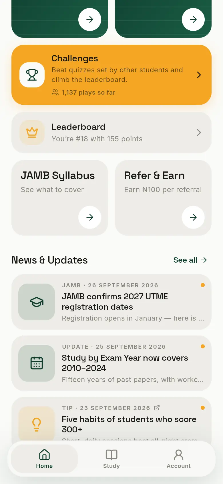 Further down the home page: JAMB Syllabus, Refer and Earn, and News and Updates.