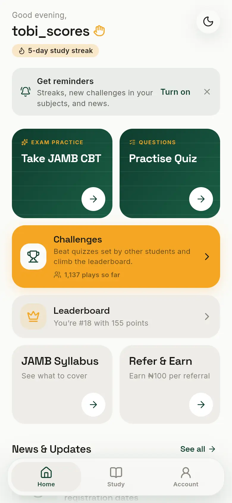 The home page with a streak, a reminders card, and buttons for CBT, quiz, challenges and leaderboard.