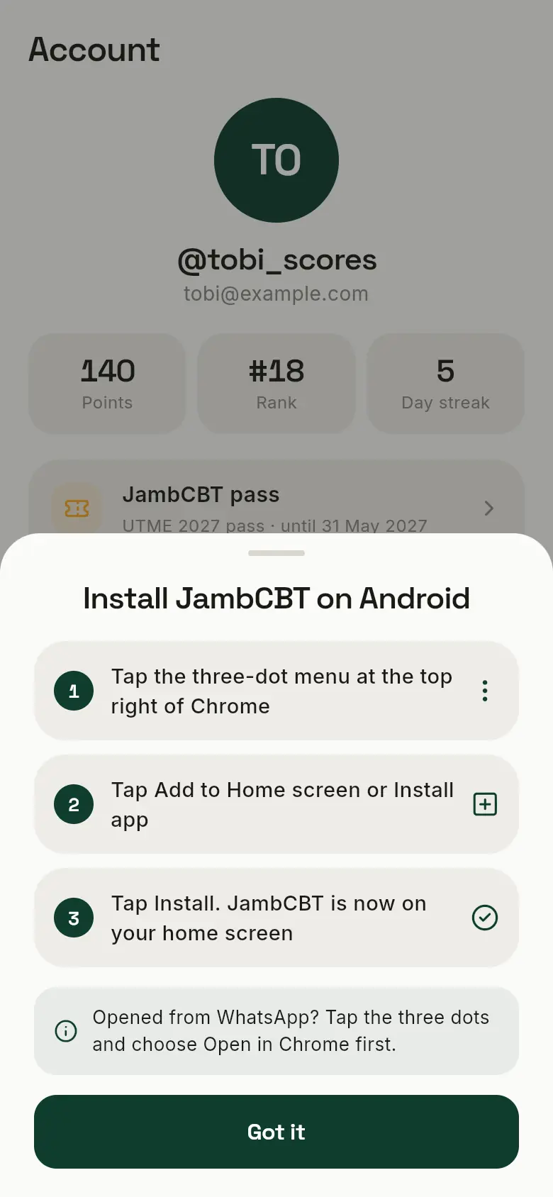 Install JambCBT on Android: tap the three-dot menu, then Add to Home screen or Install app, then Install.
