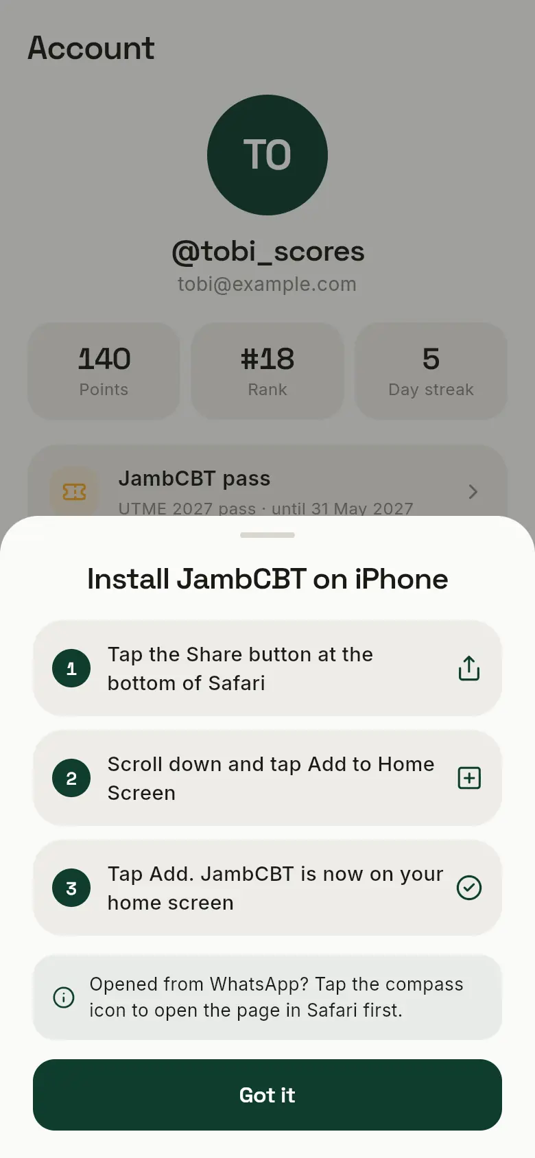 Install JambCBT on iPhone: tap Share in Safari, then Add to Home Screen, then Add.