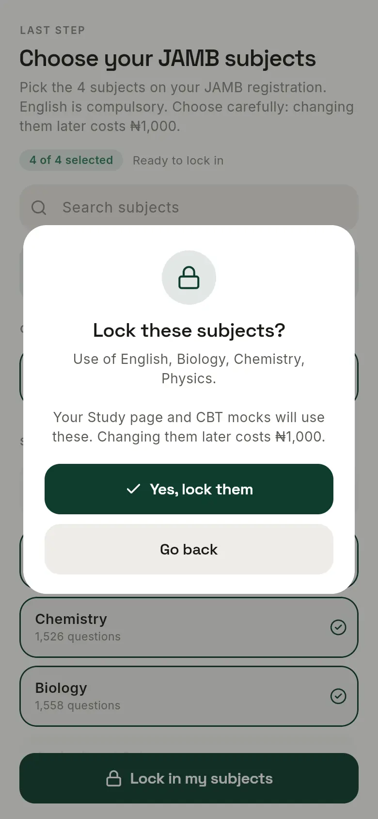 A box asking Lock these subjects?, with Yes, lock them and Go back buttons.
