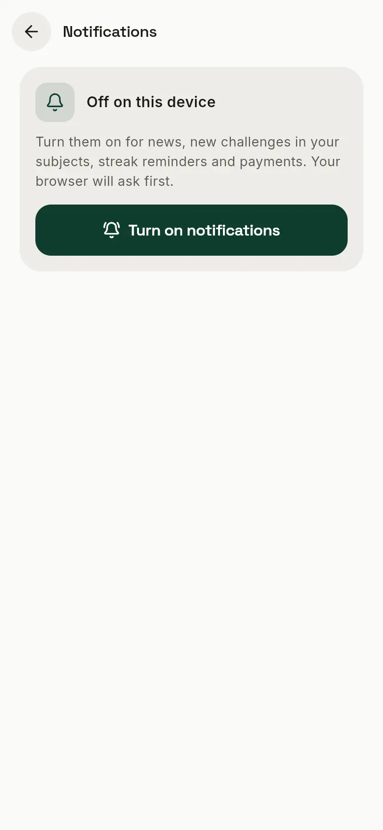 The Notifications page, off, with a Turn on notifications button.