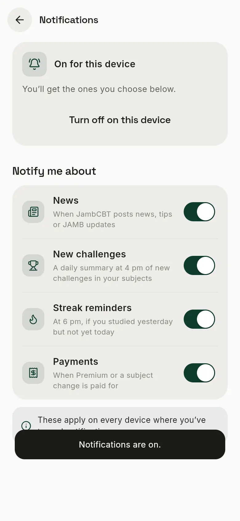 The Notifications page, on, with switches for news, new challenges, streak reminders and payments.