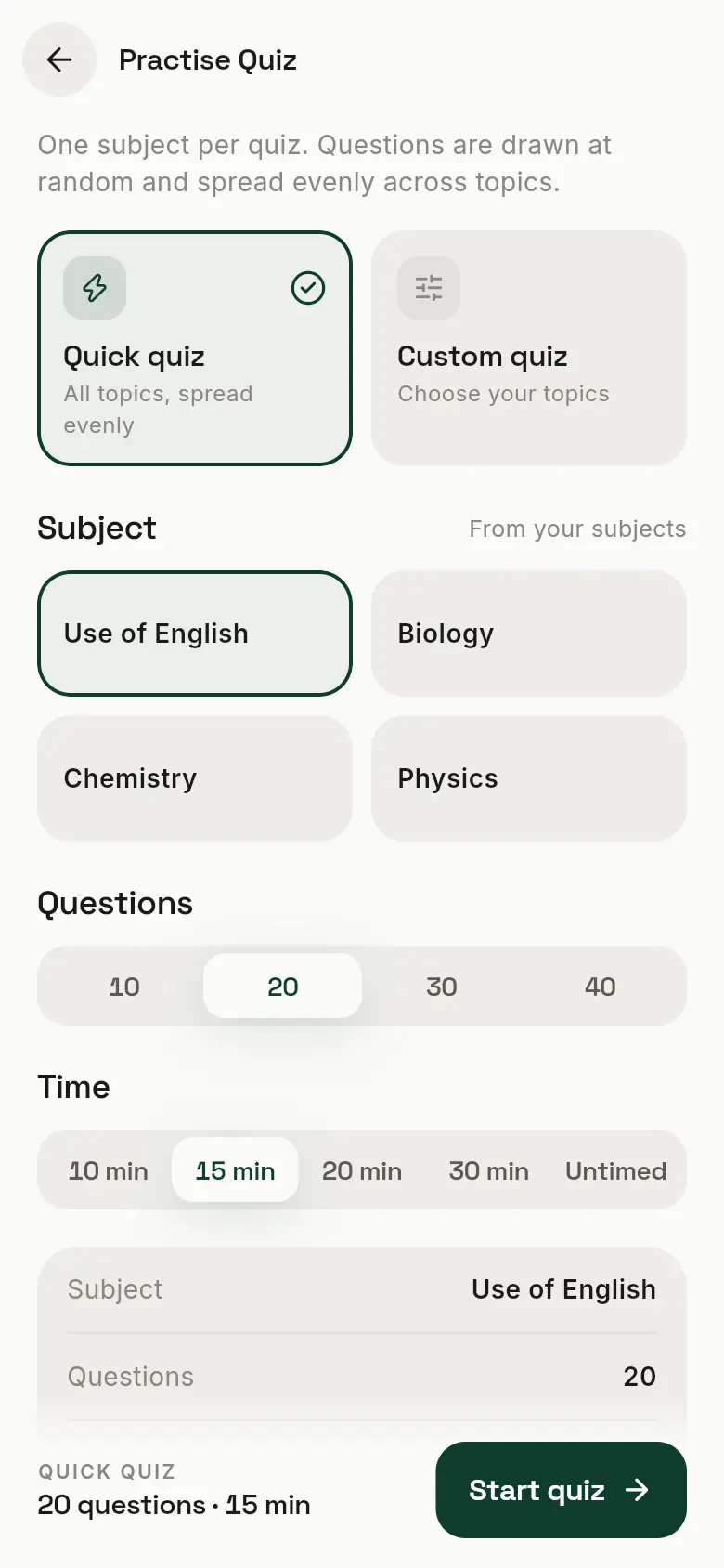 The Practise Quiz page with Quick quiz and Custom quiz, the subject, the number of questions, the time and a Start quiz button.