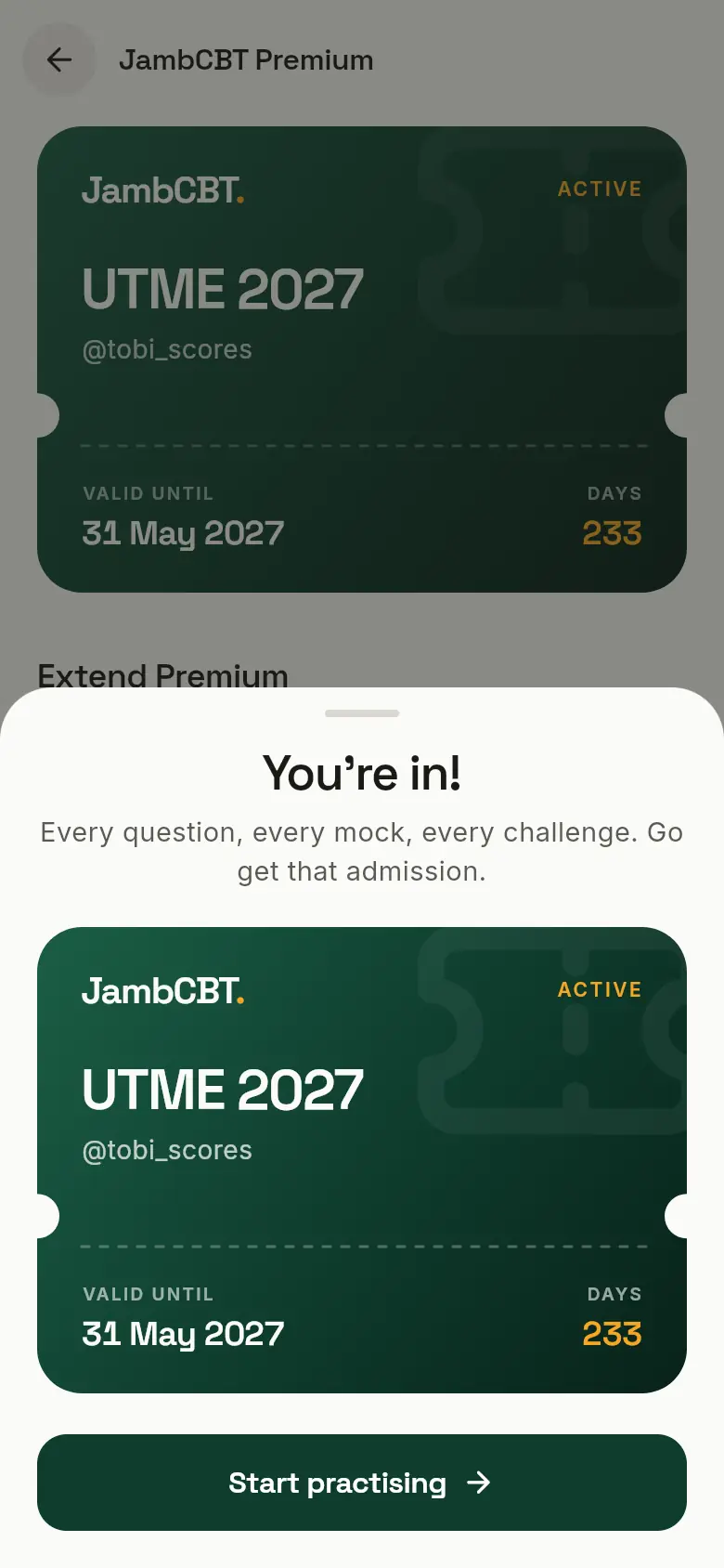 You're in! Active JambCBT Premium, UTME 2027 plan, valid until 31 May 2027.