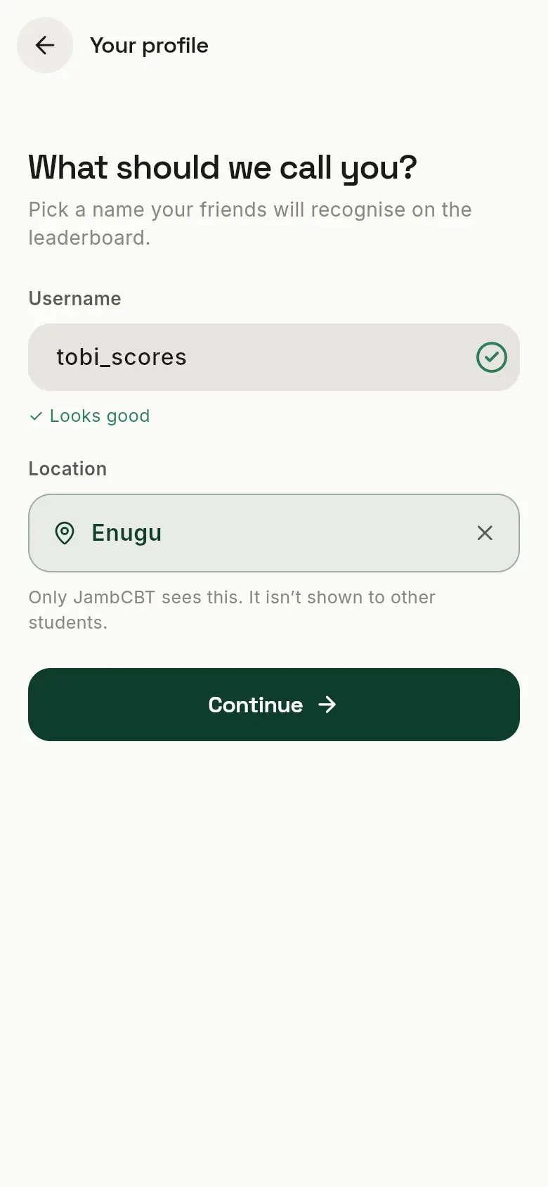 The Your profile page with a username and a location.