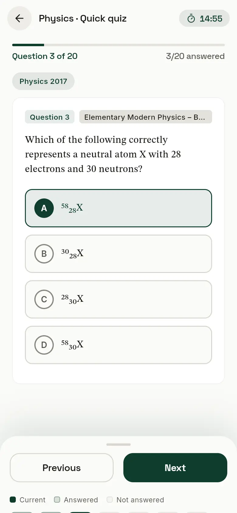 A quiz question with four options, option C selected, and a timer at the top.