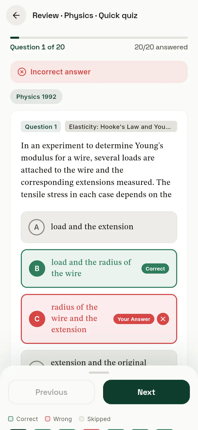 Reviewing a question answered wrongly: the correct option in green and the student's answer in red.