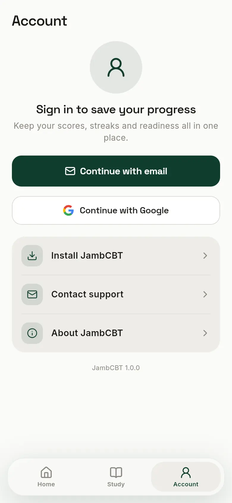 The Account page before signing in, with Continue with email and Continue with Google buttons.