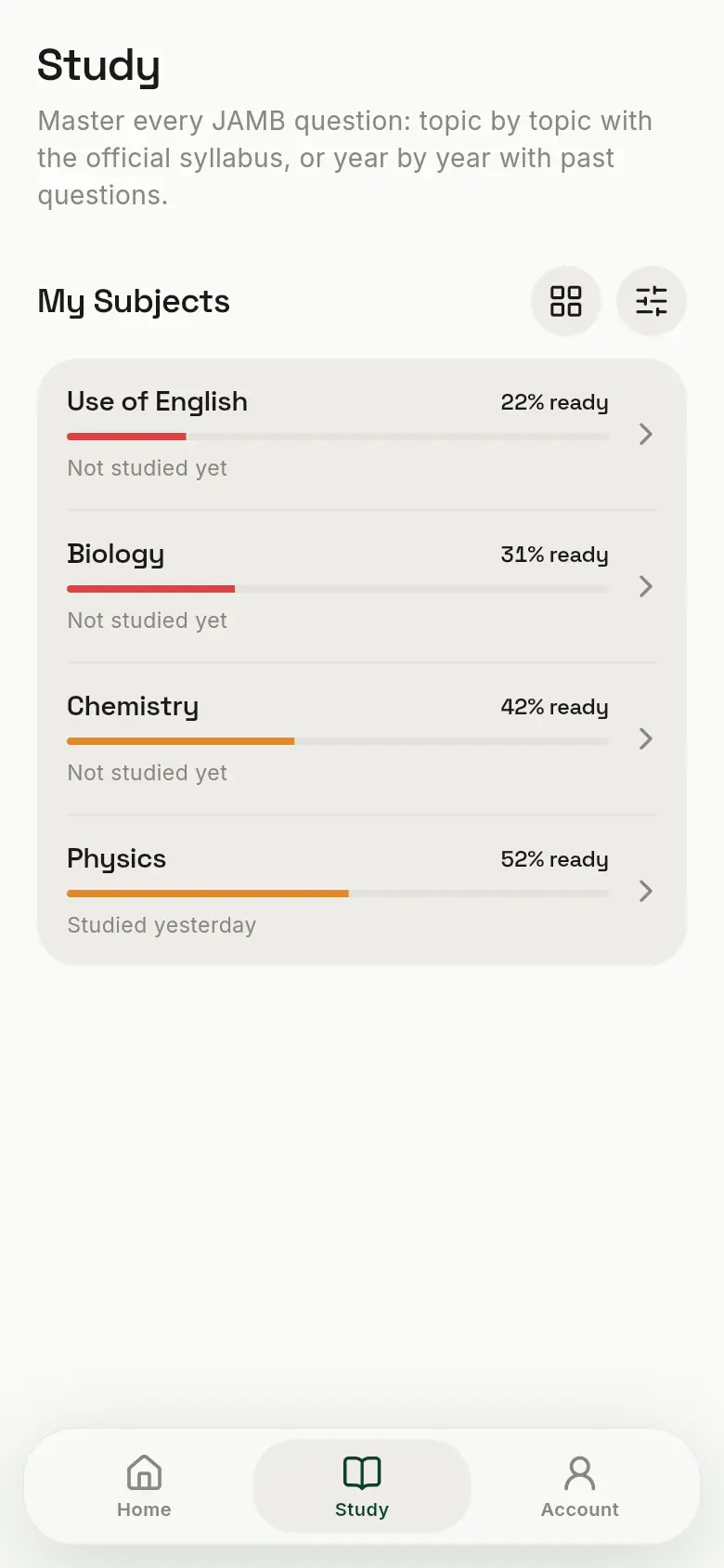 The Study tab as a list: one row per subject with how ready the student is.