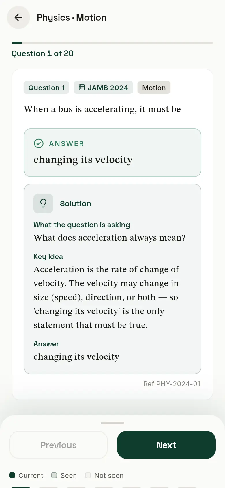 A study question showing the answer, a worked solution and the question reference PHY-2024-01.
