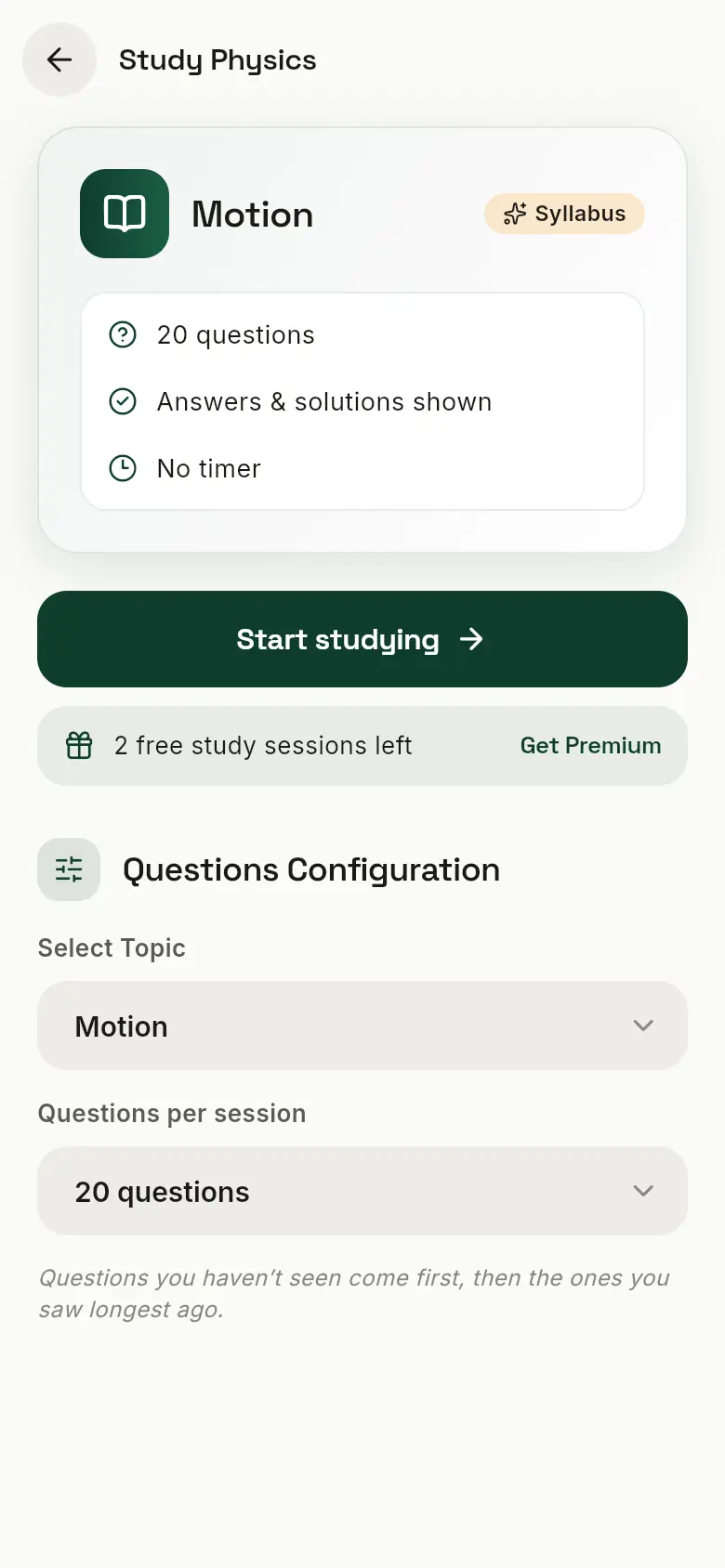 Setting up a study session on Motion: 20 questions, answers and solutions shown, no timer.