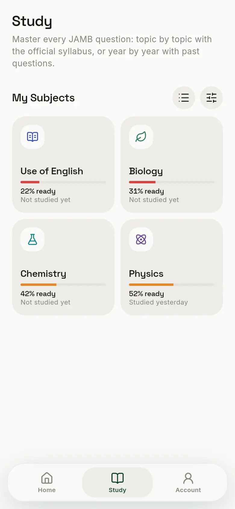 The Study tab with a card for each of four subjects, each showing how ready the student is.