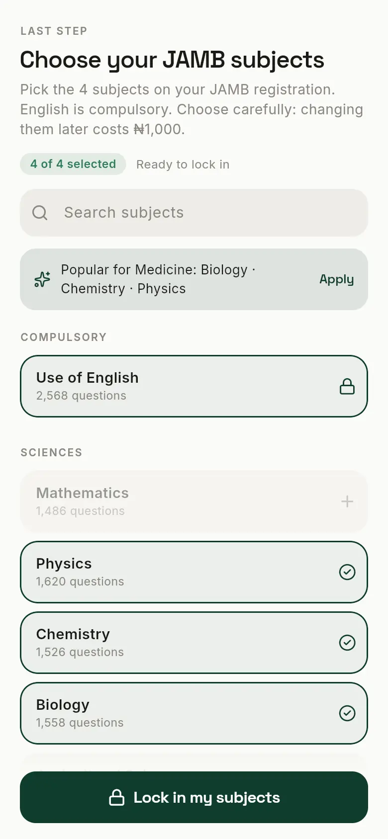 The Choose your JAMB subjects page with English, Physics, Chemistry and Biology ticked.