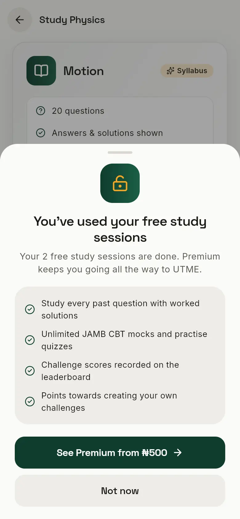 A box saying You've used your free study sessions, with a See Premium button.